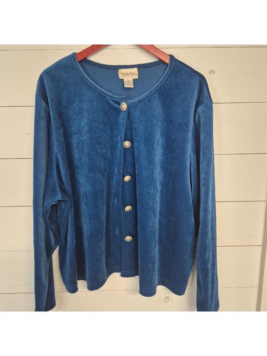 Diane Von Furstenberg Sweaters - Diane Von Furstenberg Blue Velvet Button-Up Cardigan 3X Made In USA